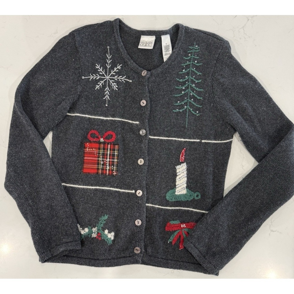 Villager Sport Liz Claiborne M Gray Holiday Sweater Button Front Embroidered VTG